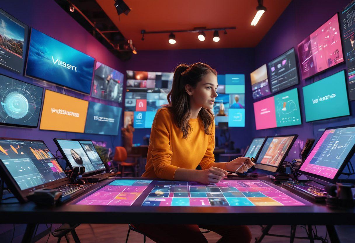 A dynamic scene showcasing a modern vlogger in a colorful studio, engaging with an interactive touchscreen displaying charts and viewer comments. Surrounding the vlogger are multiple cameras capturing the action, along with vibrant graphics floating in the air that represent digital strategies for content creation. The atmosphere is alive with energy, encapsulating the essence of creativity and interaction in digital media. super-realistic. vibrant colors. 3D.