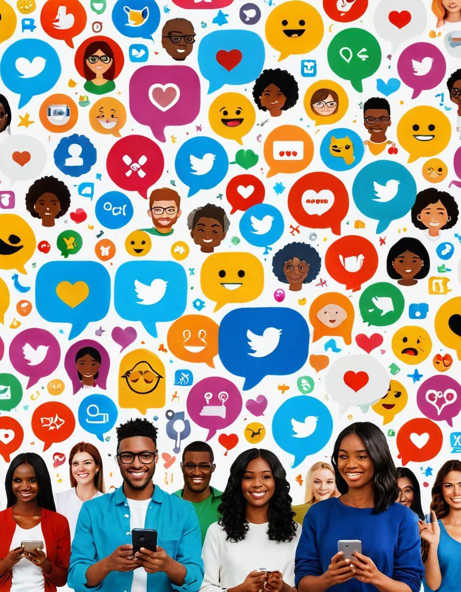 A dynamic digital collage showcasing diverse individuals engaging with user-generated content on various devices, with a backdrop of social media icons and vibrant emojis floating around. The scene exudes energy and connection, depicting community and interaction as fingers scroll through vibrant images and comments. Include elements like colorful speech bubbles, heart reactions, and engaging graphics to symbolize audience engagement. super-realistic. vibrant colors. white background.