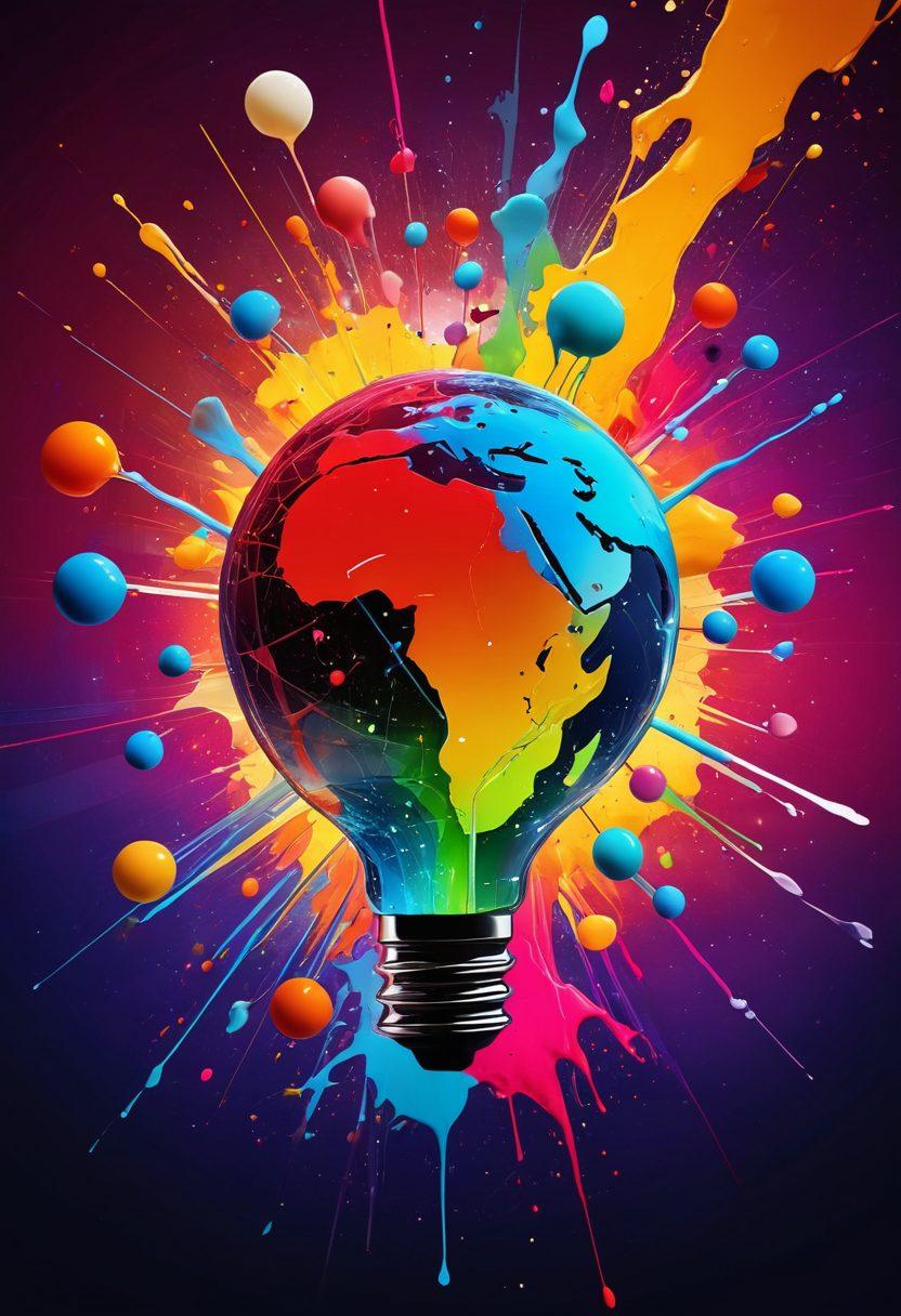 A colorful and dynamic collage showcasing various multimedia elements like videos, podcasts, and interactive infographics, intertwined with symbols of creativity such as paint splatters and idea bulbs. The background features a luminous web interface with engaging user interactions. Emphasize energy and inspiration in the design. vibrant colors. 3D. digital art.